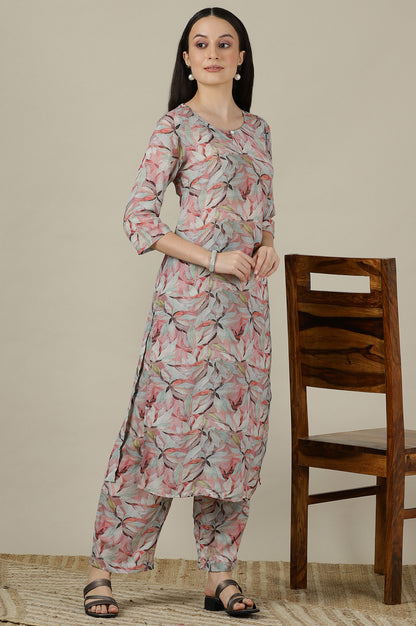 Pink Floral Printed Muslin Straight Kurta, Palazzo and Dupatta Set