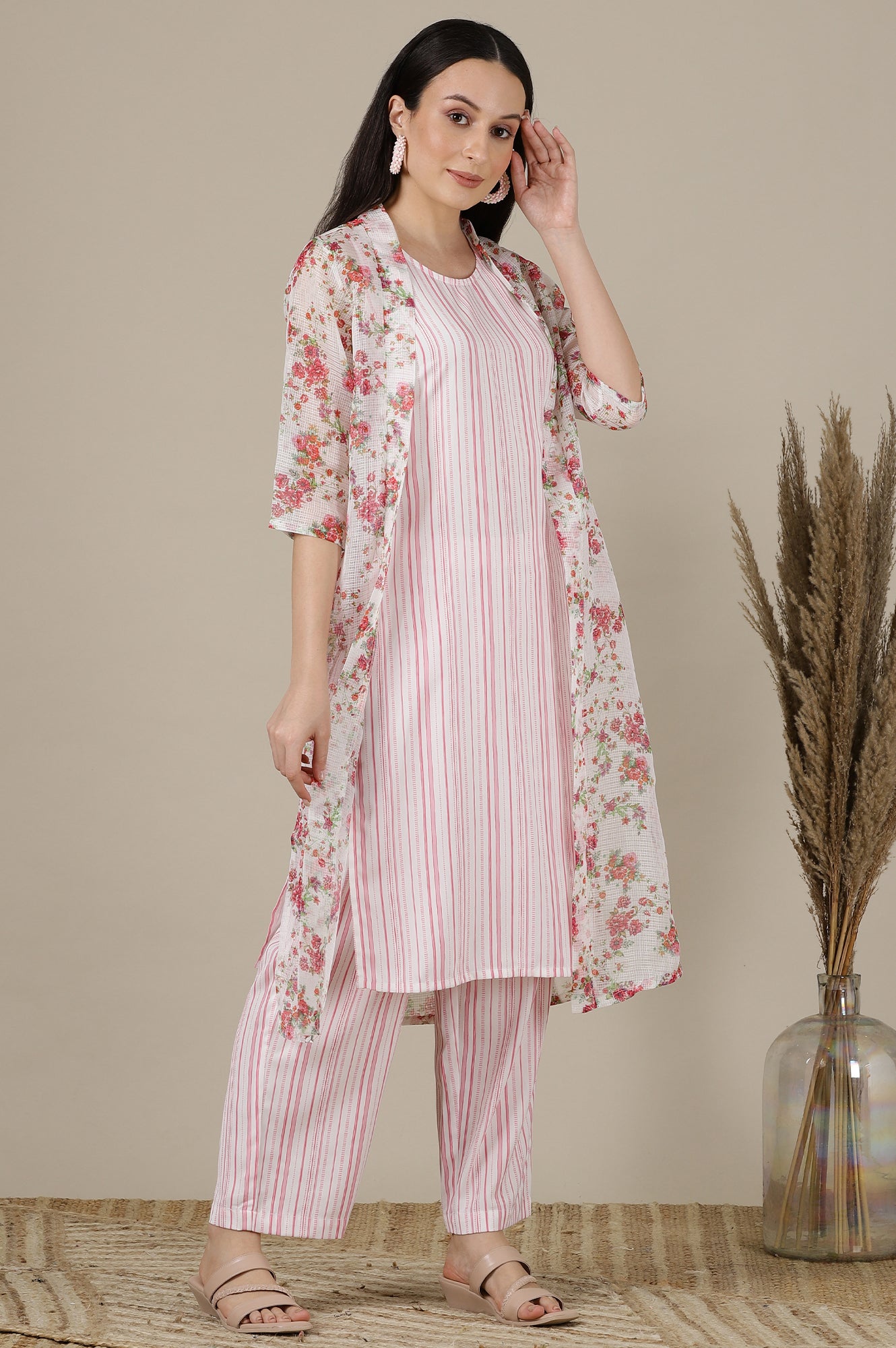 Pink Stripe Printed Sleeveless Inner Kurta, Floral Printed Kota Gilet and Palazzo Set