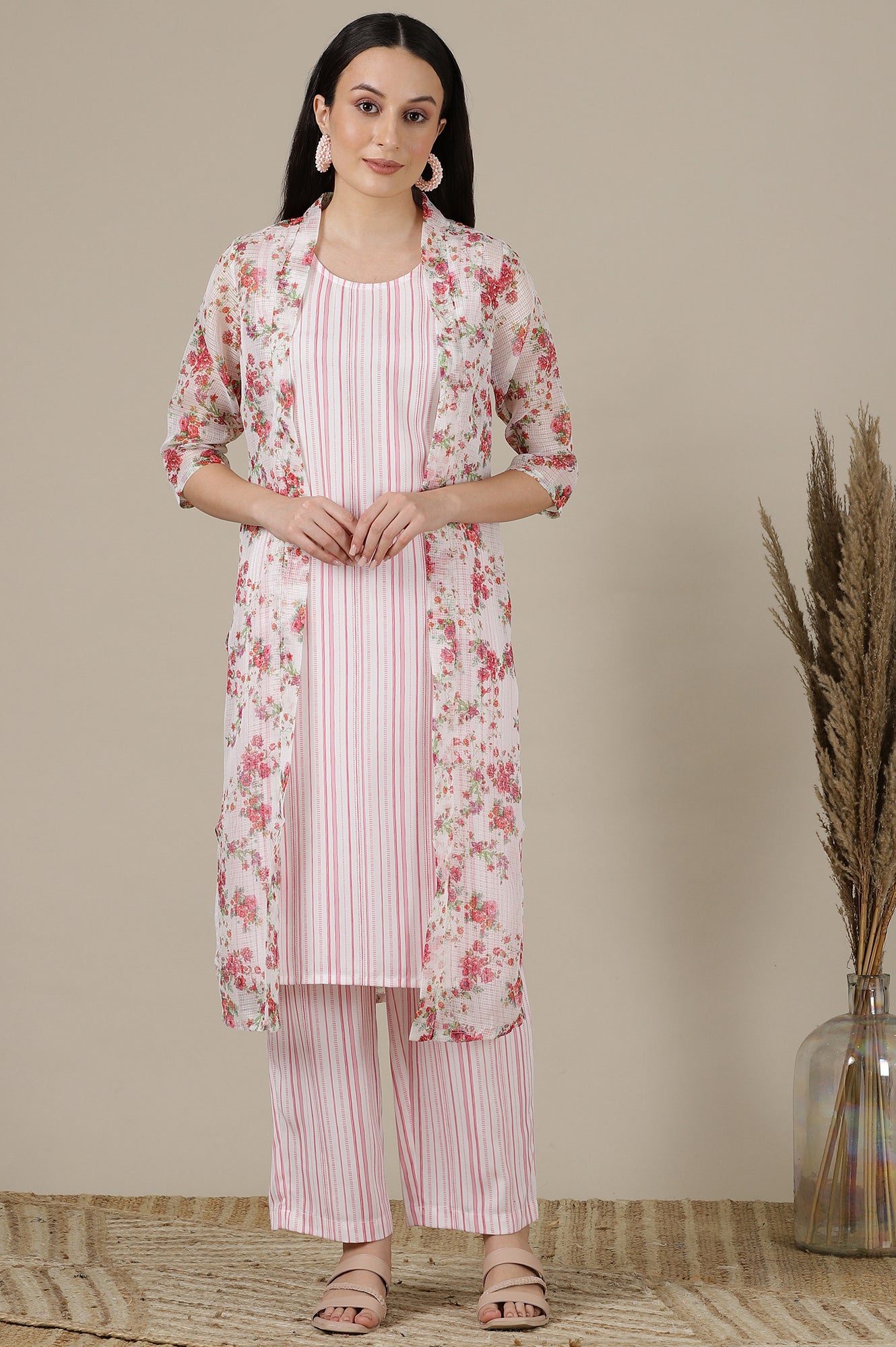 Pink Stripe Printed Sleeveless Inner Kurta, Floral Printed Kota Gilet and Palazzo Set