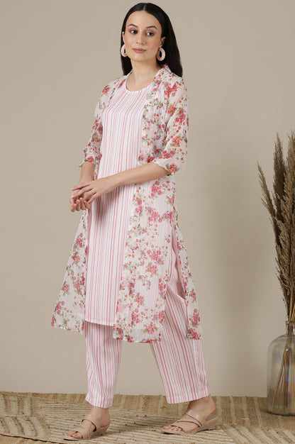 Pink Stripe Printed Sleeveless Inner Kurta, Floral Printed Kota Gilet and Palazzo Set