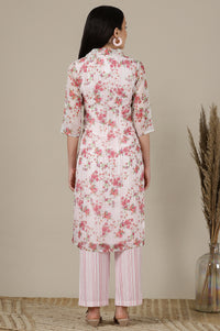 Pink Stripe Printed Sleeveless Inner Kurta, Floral Printed Kota Gilet and Palazzo Set