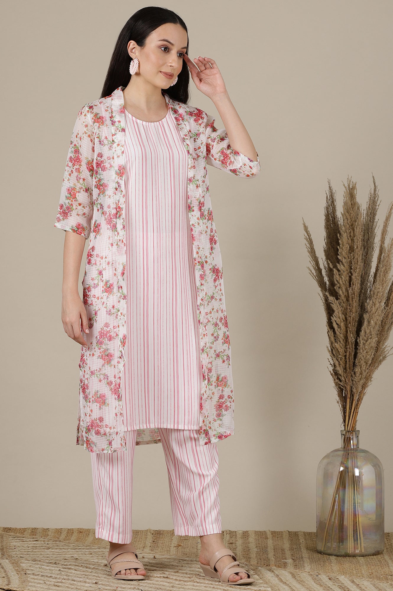 Pink Stripe Printed Sleeveless Inner Kurta, Floral Printed Kota Gilet and Palazzo Set