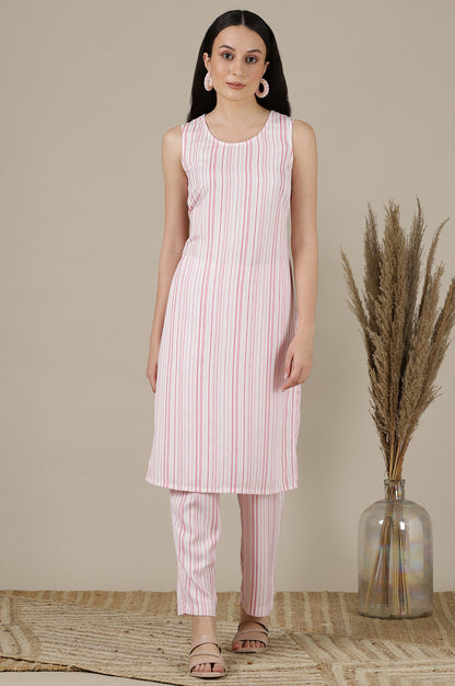 Pink Stripe Printed Sleeveless Inner Kurta, Floral Printed Kota Gilet and Palazzo Set