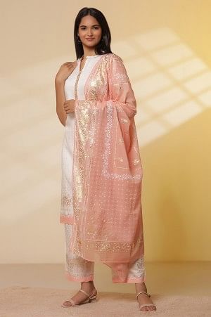 White Floral Foil Printed Straight Kurta, Palazzo and Dupatta Set