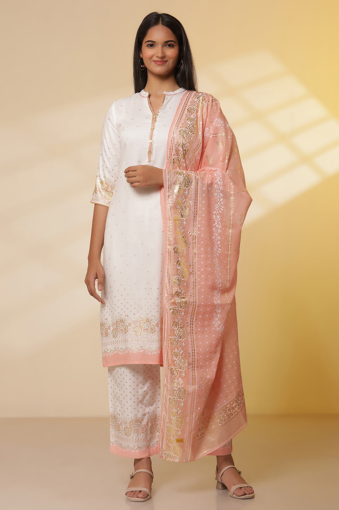 White Floral Foil Printed Straight Kurta, Palazzo and Dupatta Set