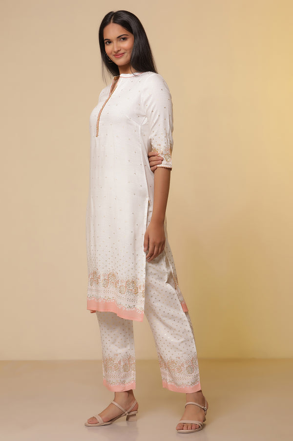 White Floral Foil Printed Straight Kurta, Palazzo and Dupatta Set