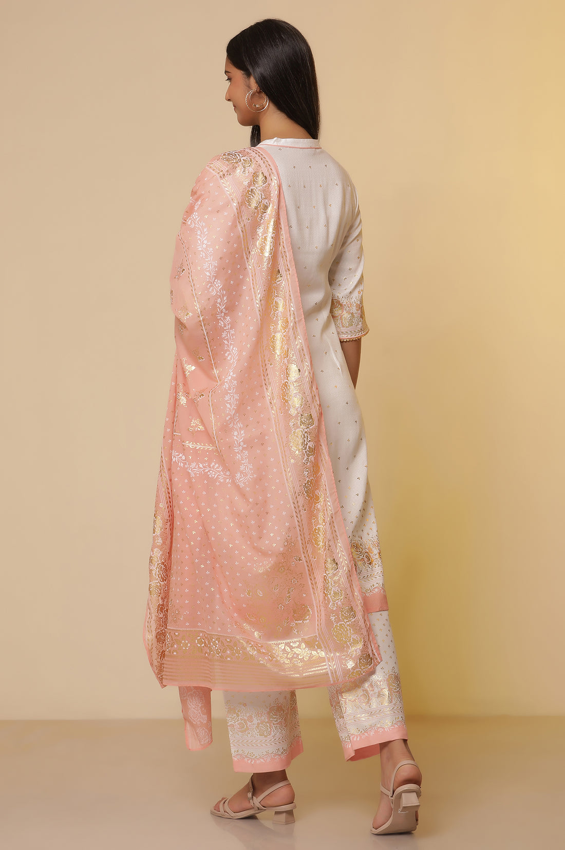 White Floral Foil Printed Straight Kurta, Palazzo and Dupatta Set