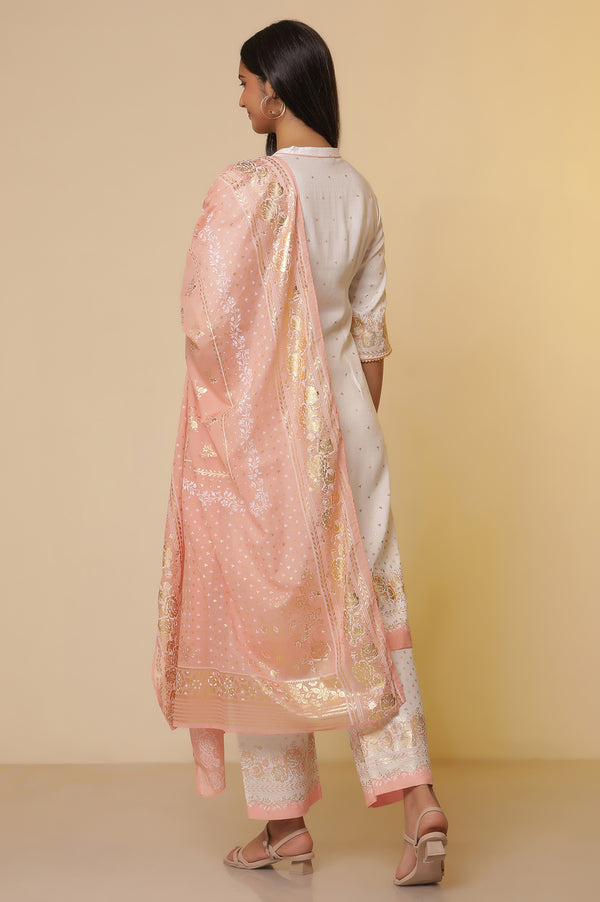 White Floral Foil Printed Straight Kurta, Palazzo and Dupatta Set