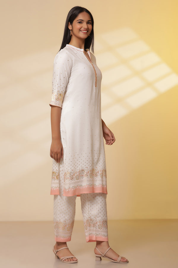 White Floral Foil Printed Straight Kurta, Palazzo and Dupatta Set