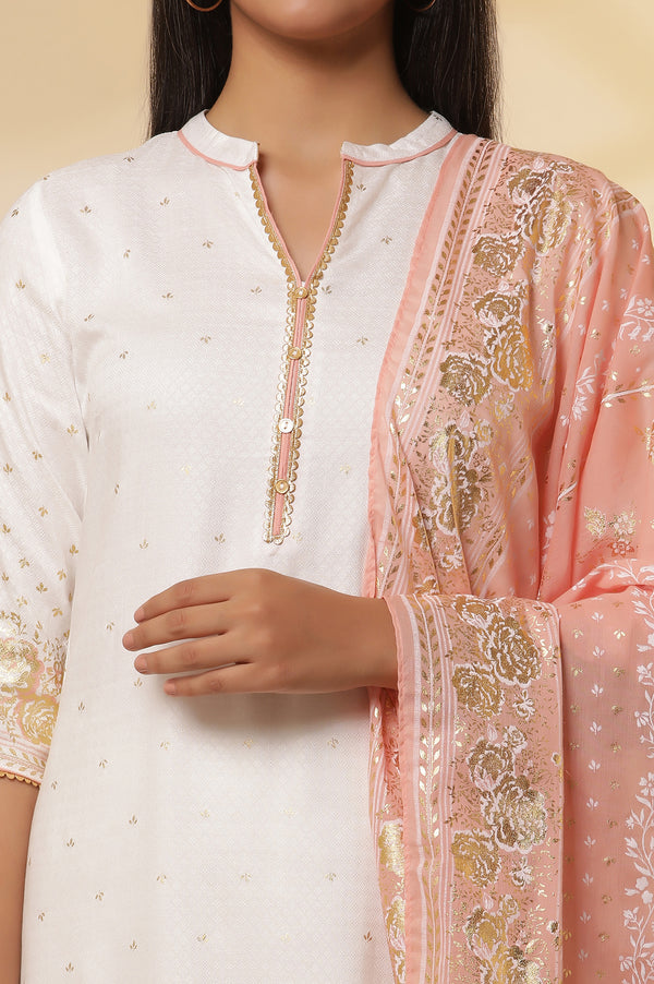 White Floral Foil Printed Straight Kurta, Palazzo and Dupatta Set