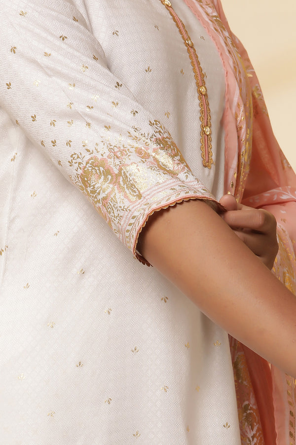 White Floral Foil Printed Straight Kurta, Palazzo and Dupatta Set