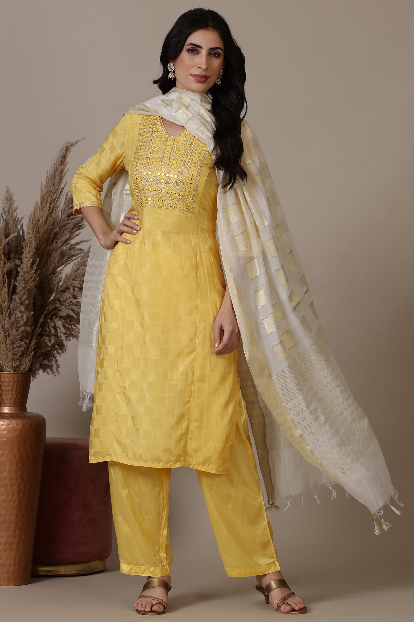 Yellow Mirror Work Straight Kurta, Palazzo and Dupatta Set