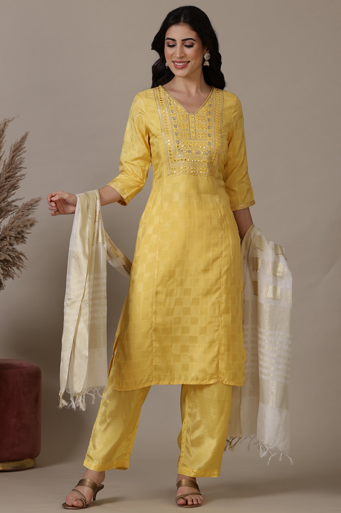 Yellow Mirror Work Straight Kurta, Palazzo and Dupatta Set