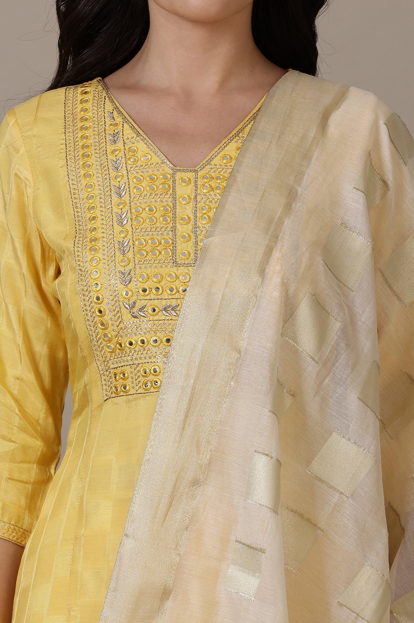 Yellow Mirror Work Straight Kurta, Palazzo and Dupatta Set