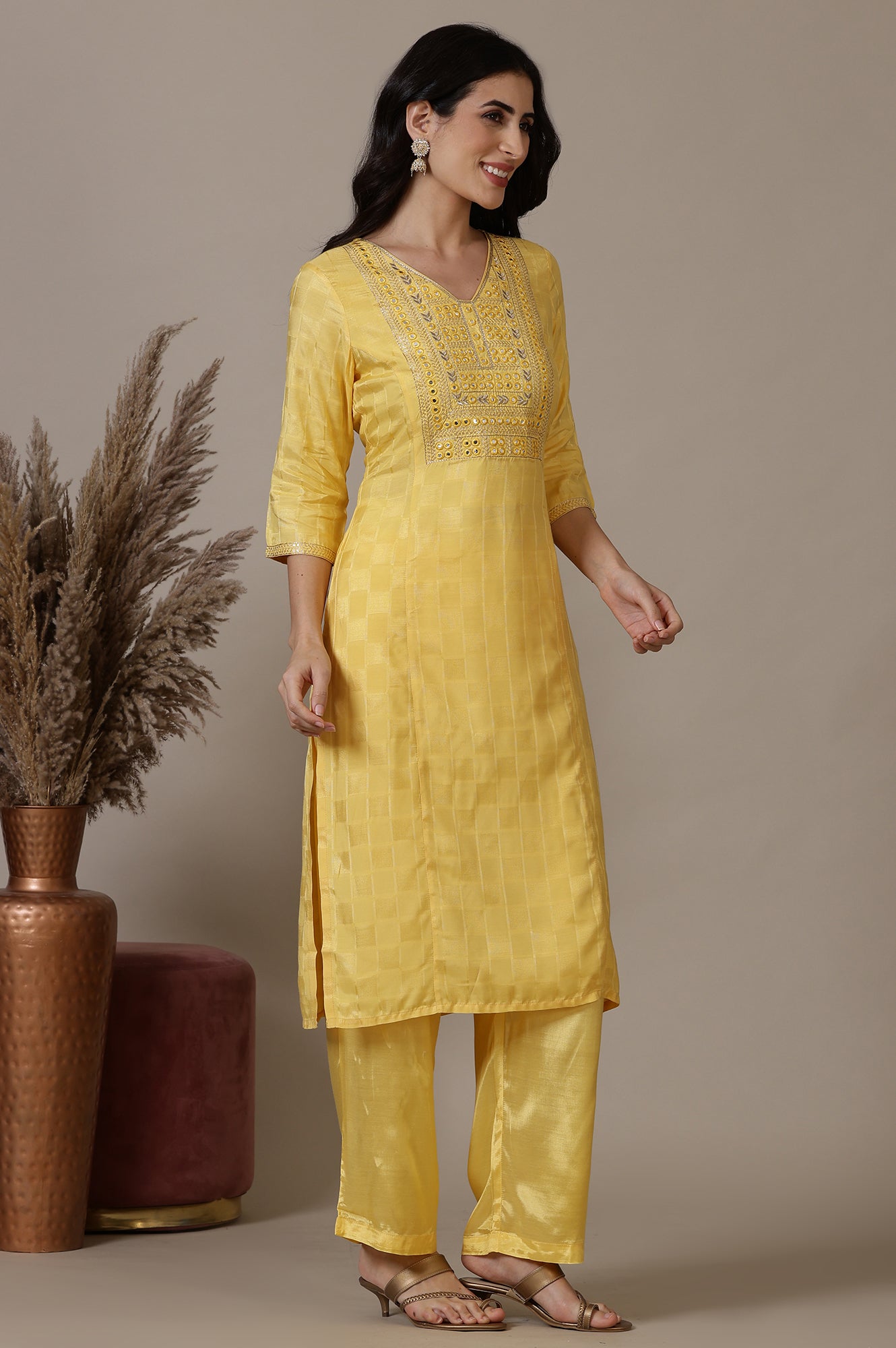 Yellow Mirror Work Straight Kurta, Palazzo and Dupatta Set