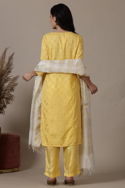 Yellow Mirror Work Straight Kurta, Palazzo and Dupatta Set