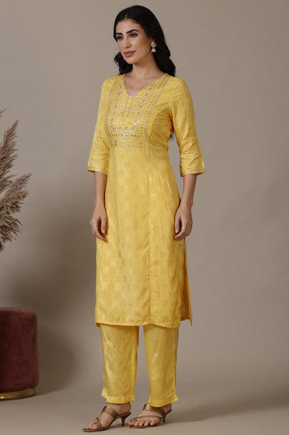 Yellow Mirror Work Straight Kurta, Palazzo and Dupatta Set