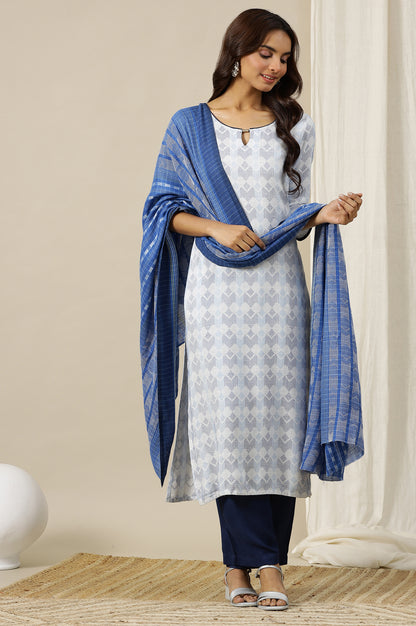 White Geometric Printed Textured Rayon Straight Kurta, Pants and Dupatta Set