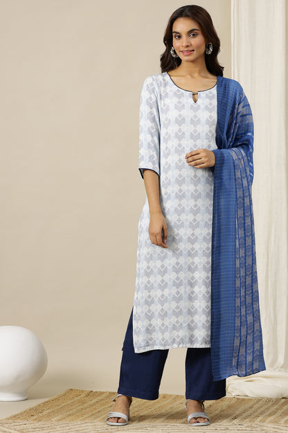 White Geometric Printed Textured Rayon Straight Kurta, Pants and Dupatta Set