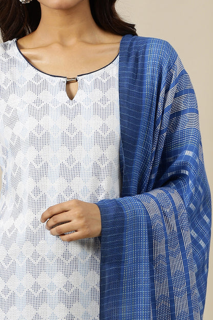 White Geometric Printed Textured Rayon Straight Kurta, Pants and Dupatta Set