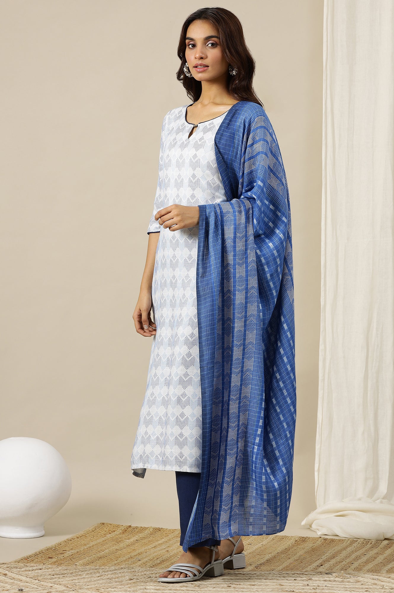 White Geometric Printed Textured Rayon Straight Kurta, Pants and Dupatta Set