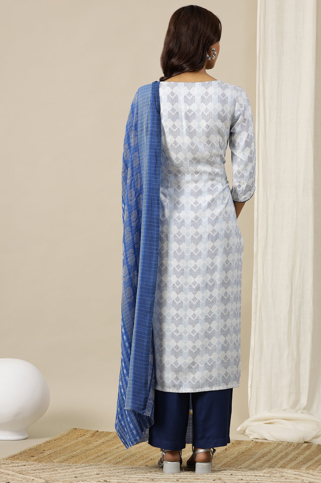 White Geometric Printed Textured Rayon Straight Kurta, Pants and Dupatta Set