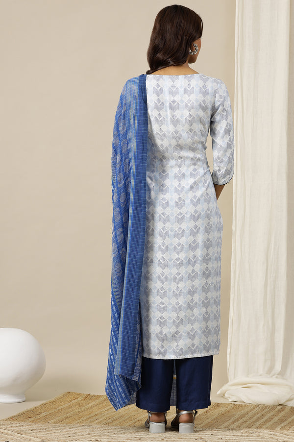 White Geometric Printed Textured Rayon Straight Kurta, Pants and Dupatta Set