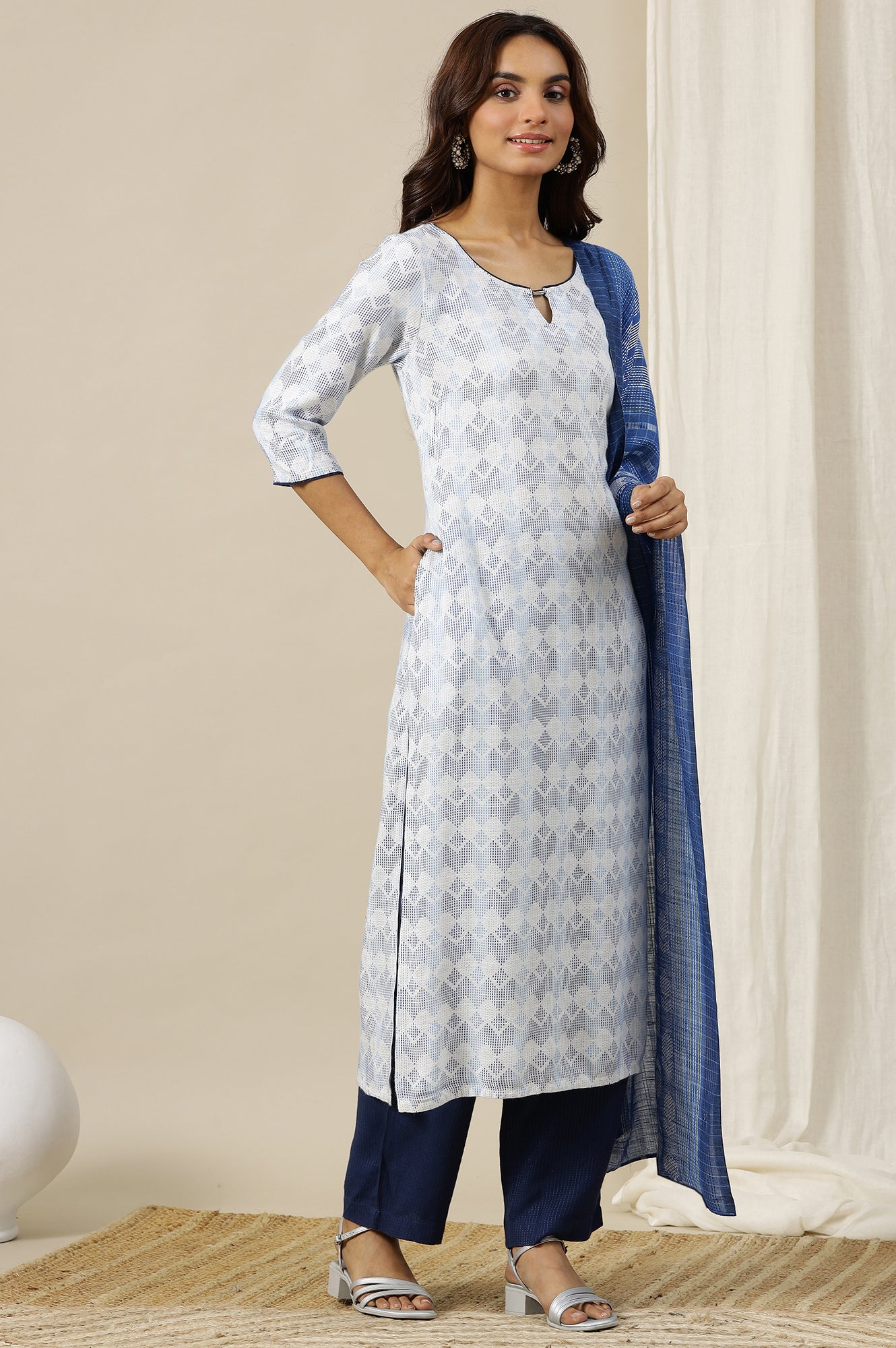 White Geometric Printed Textured Rayon Straight Kurta, Pants and Dupatta Set