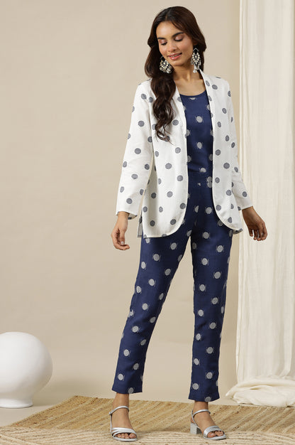 White Polka Dobby Pure Cotton Blazer, Blue Printed Top and Pants Set