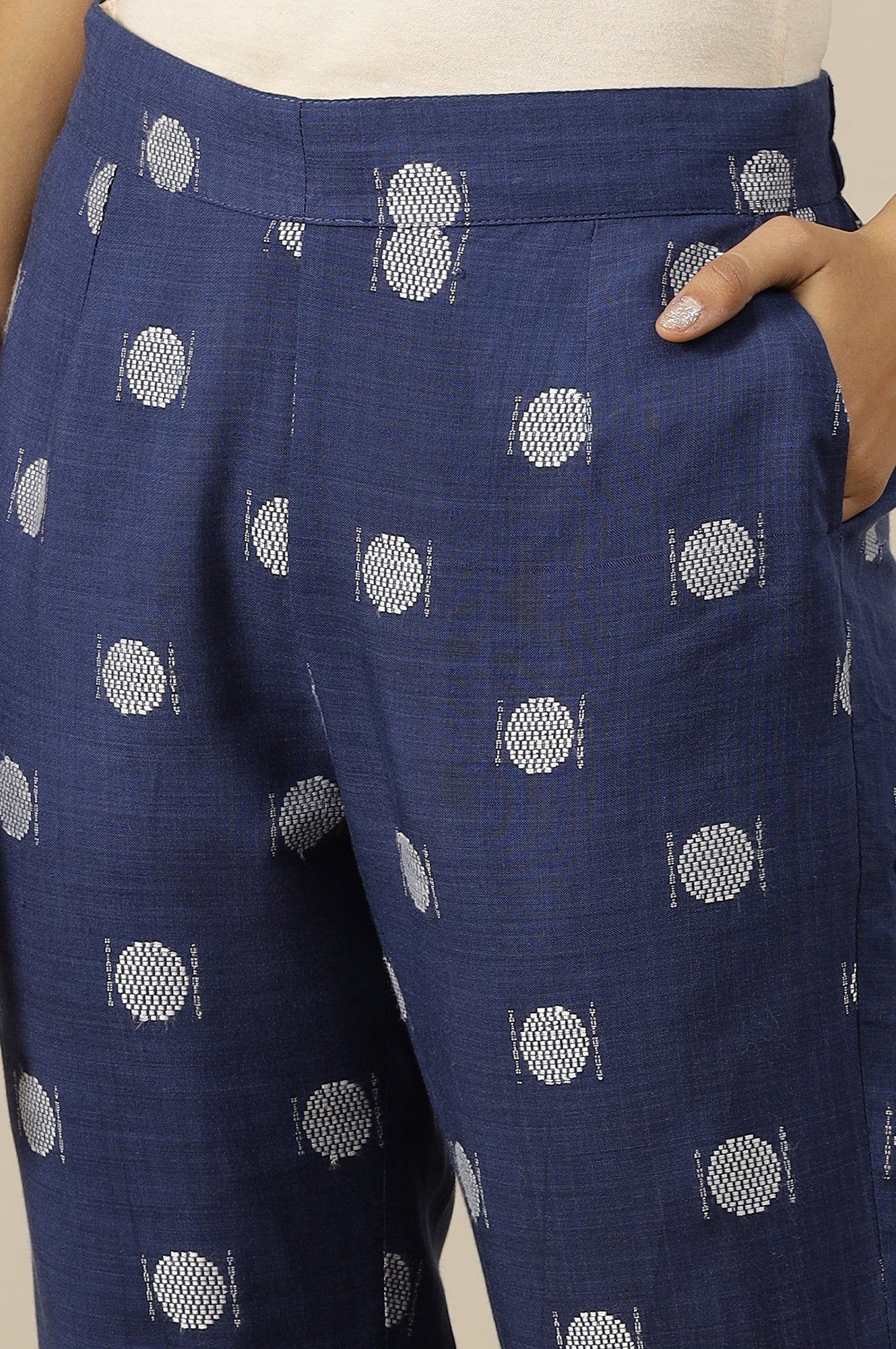 White Polka Dobby Pure Cotton Blazer, Blue Printed Top and Pants Set