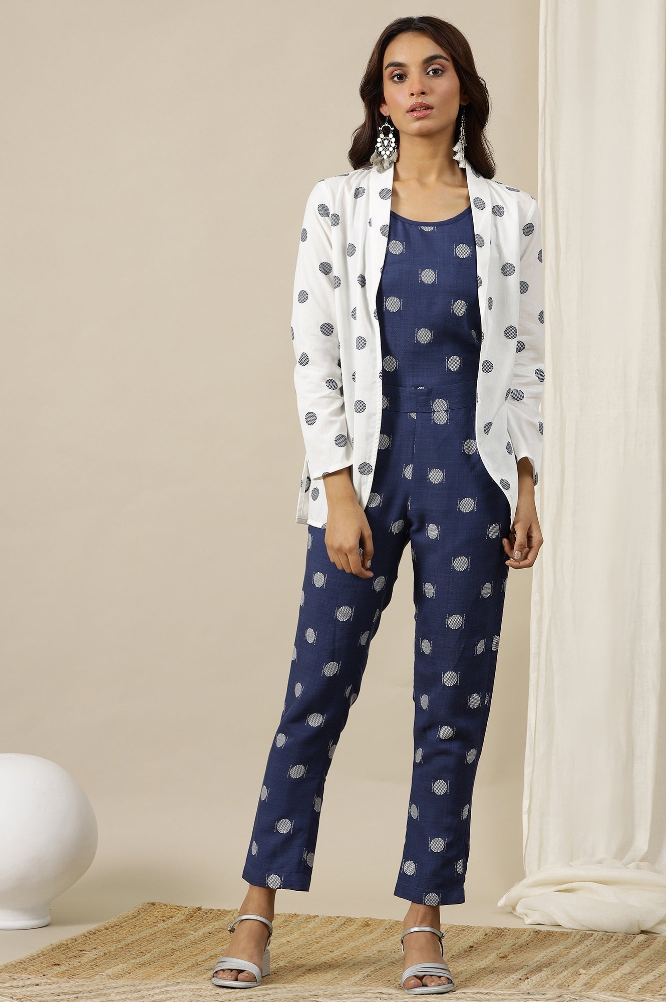 White Polka Dobby Pure Cotton Blazer, Blue Printed Top and Pants Set