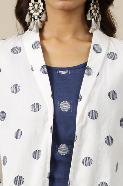 White Polka Dobby Pure Cotton Blazer, Blue Printed Top and Pants Set