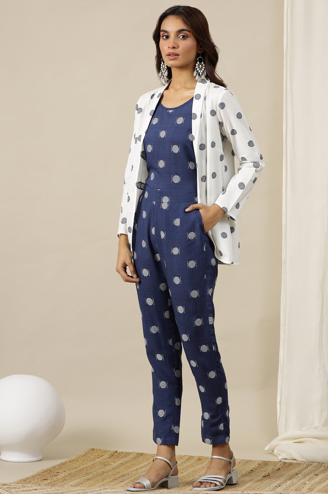 White Polka Dobby Pure Cotton Blazer, Blue Printed Top and Pants Set