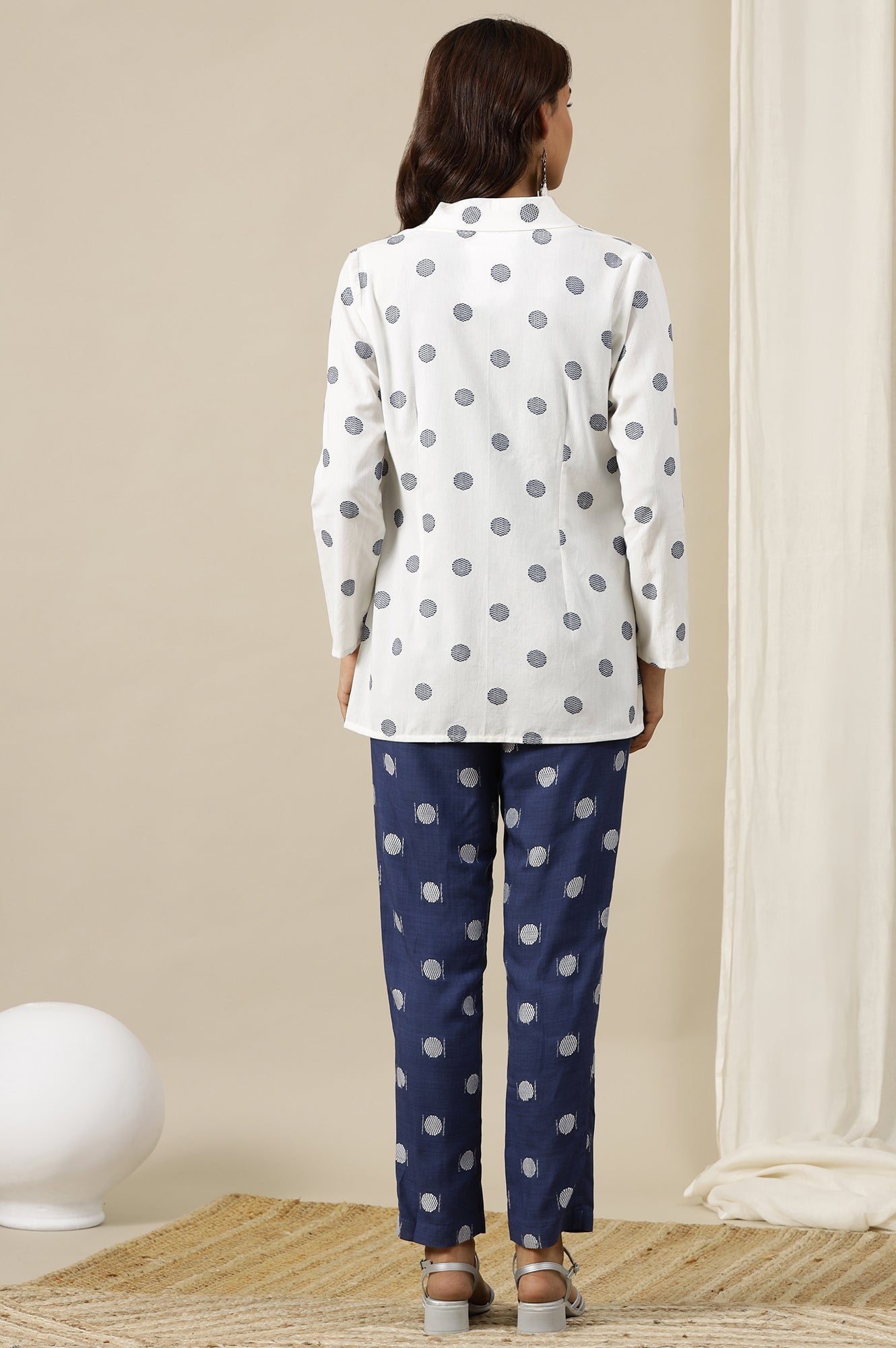 White Polka Dobby Pure Cotton Blazer, Blue Printed Top and Pants Set