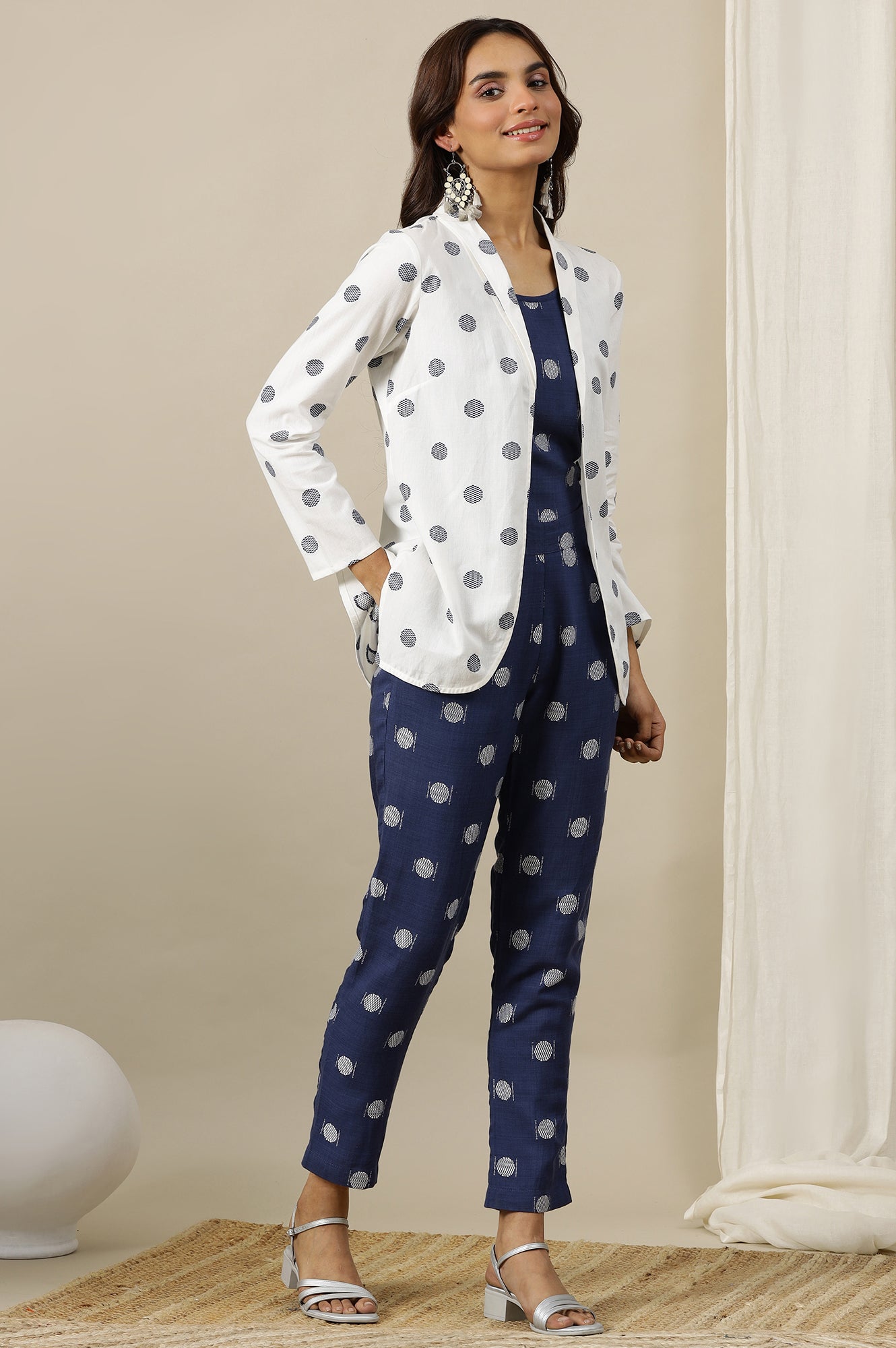 White Polka Dobby Pure Cotton Blazer, Blue Printed Top and Pants Set