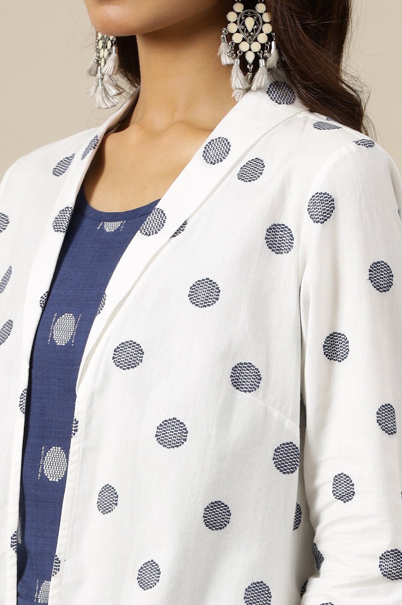 White Polka Dobby Pure Cotton Blazer, Blue Printed Top and Pants Set