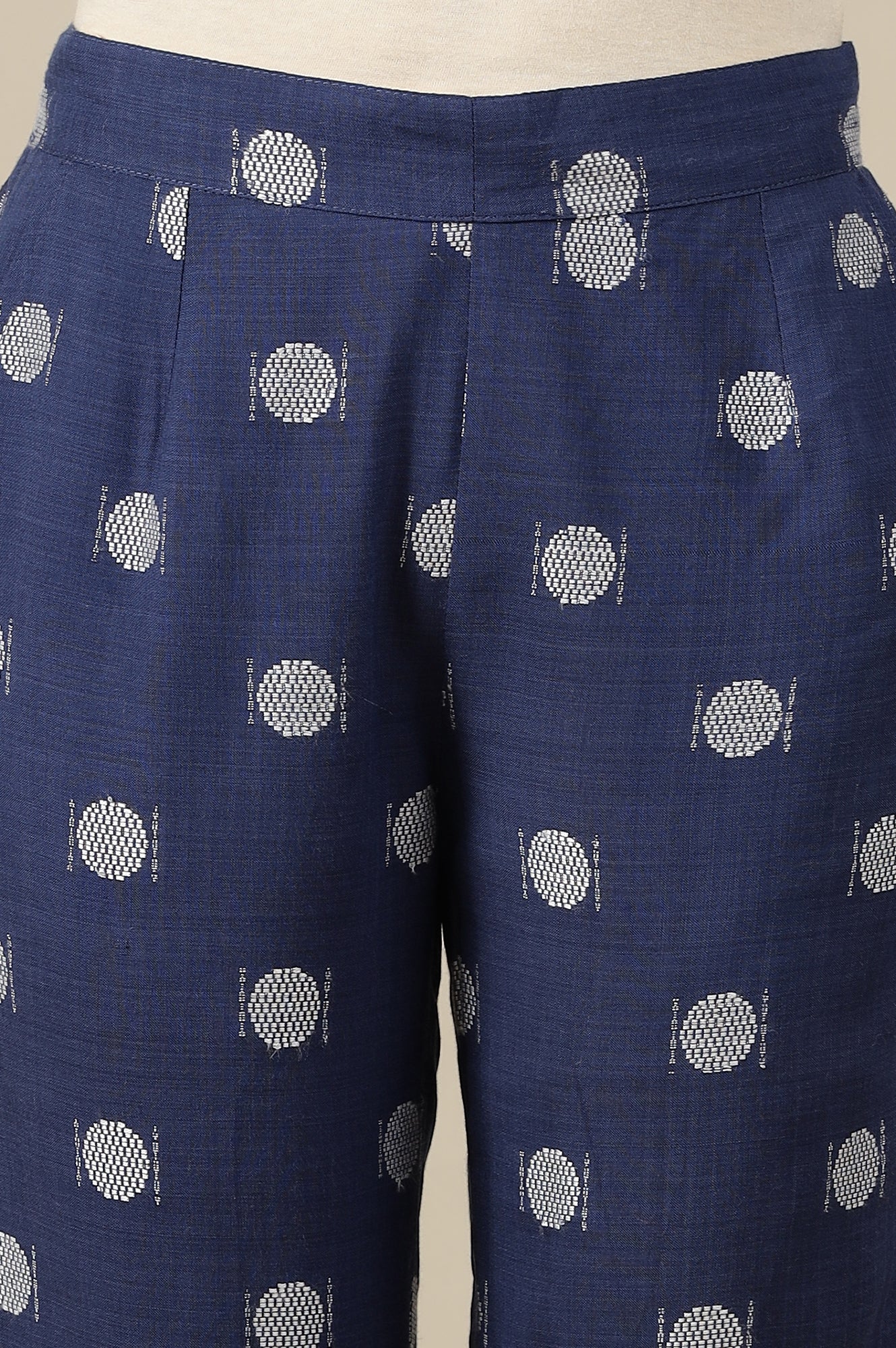 White Polka Dobby Pure Cotton Blazer, Blue Printed Top and Pants Set