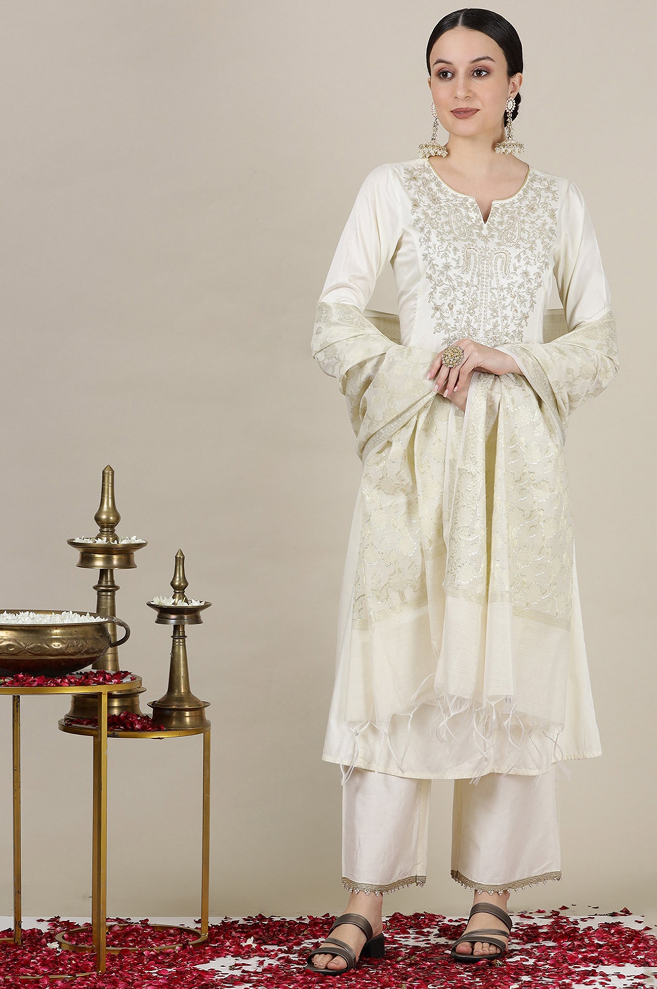 Off-White Dori Embroidered Anarkali Kurta, Straight Pants and Jacquard Kurta