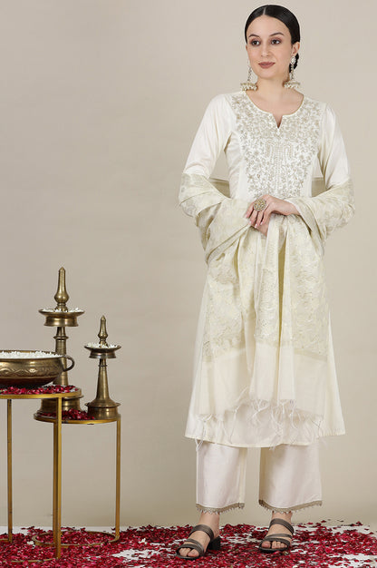 Off-White Dori Embroidered Anarkali Kurta, Straight Pants and Jacquard Kurta