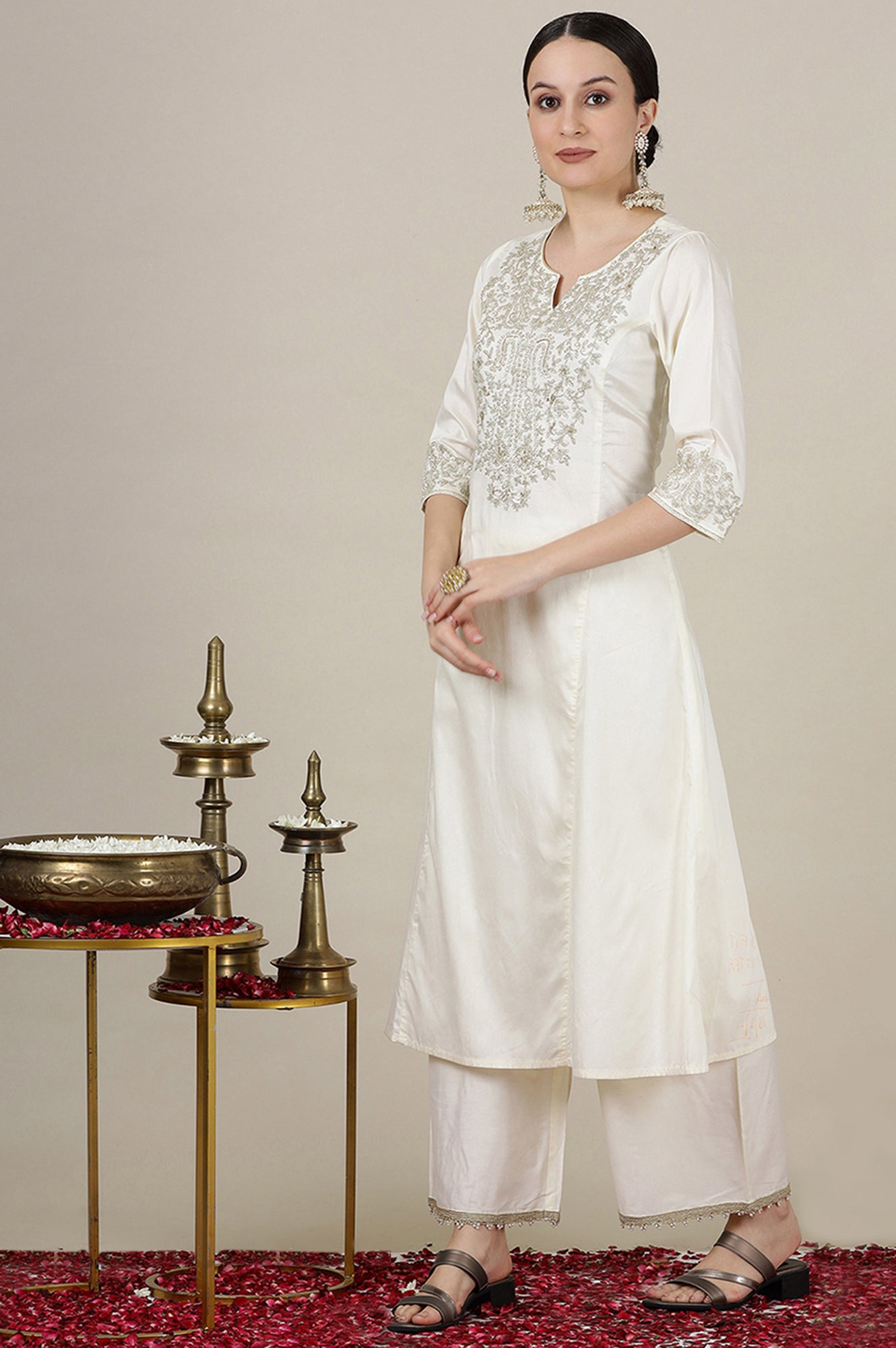 Off-White Dori Embroidered Anarkali Kurta, Straight Pants and Jacquard Kurta