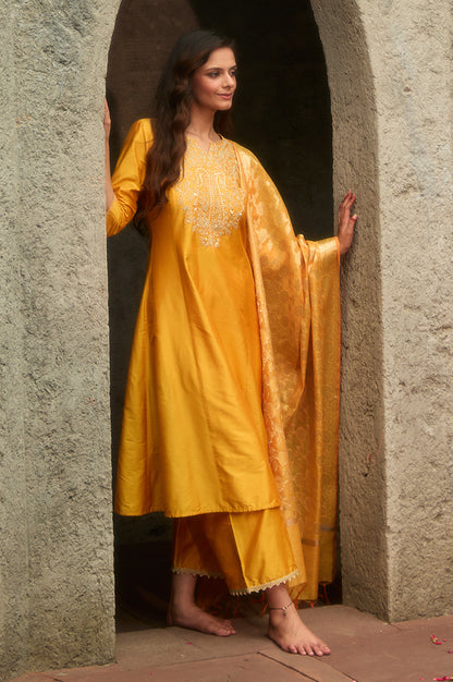 Mustard Yellow Yarn Dyed Dori Embroidered Anarkali Kurta, Palazzo and Dupatta Set