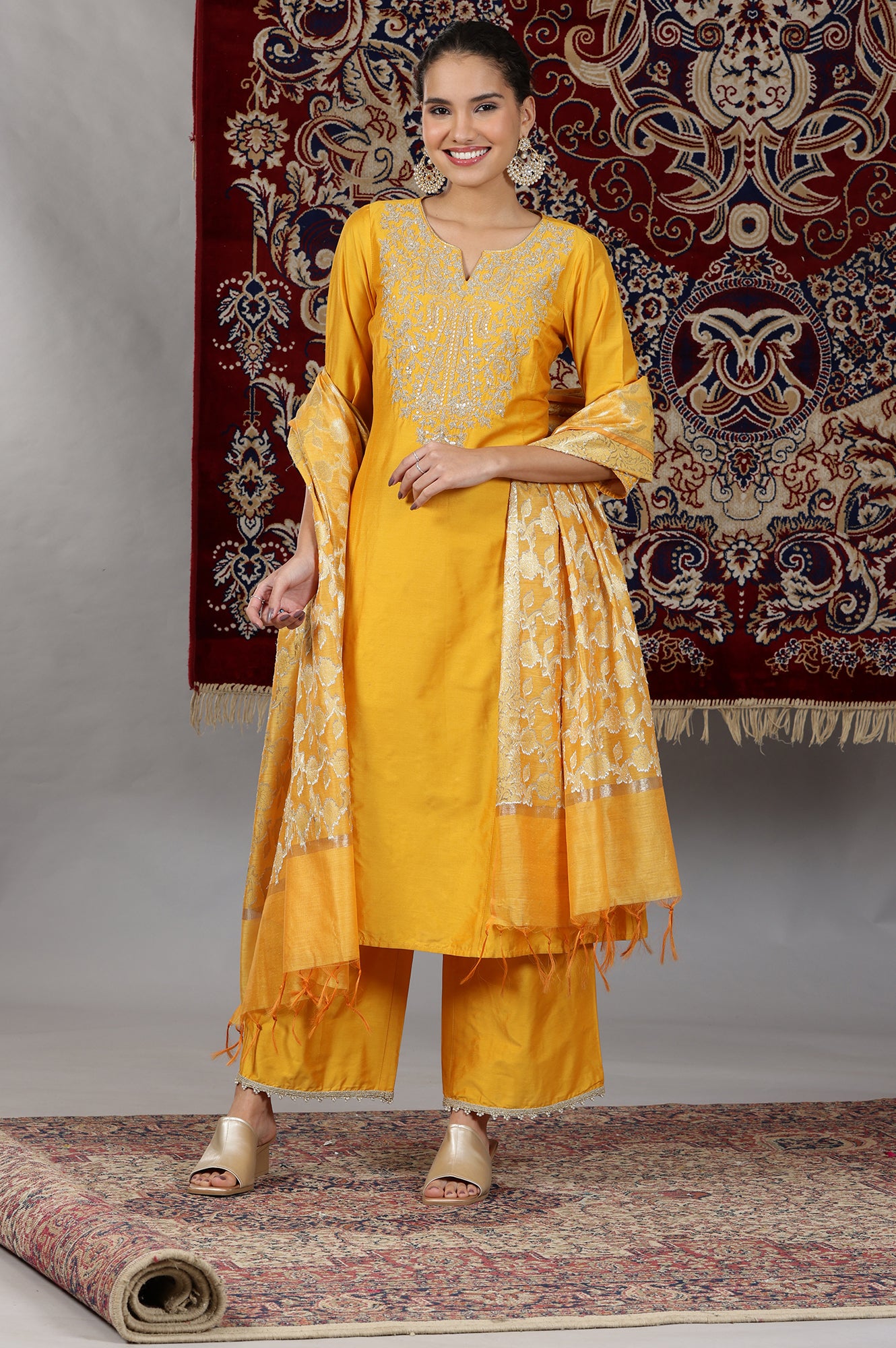 Mustard Yellow Yarn Dyed Dori Embroidered Anarkali Kurta, Palazzo and Dupatta Set