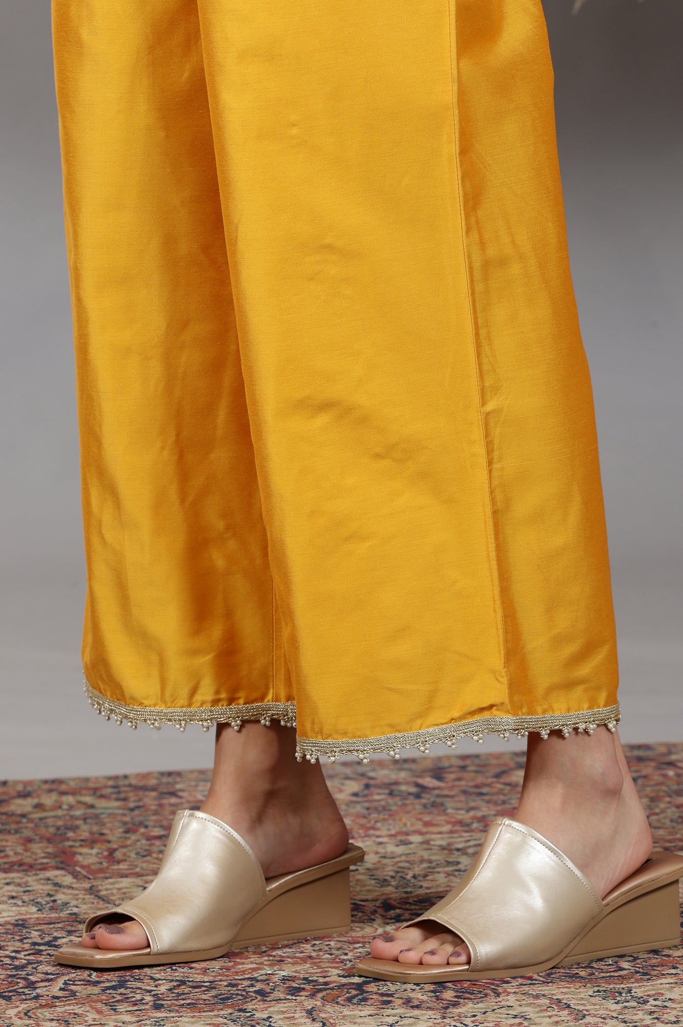 Mustard Yellow Yarn Dyed Dori Embroidered Anarkali Kurta, Palazzo and Dupatta Set