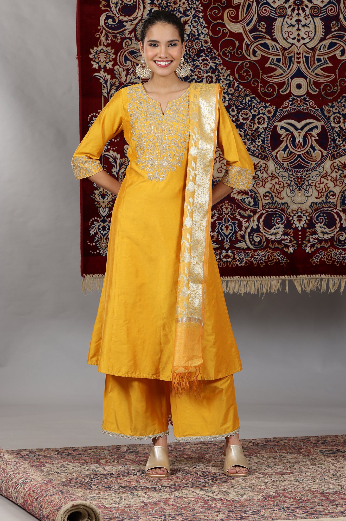 Mustard Yellow Yarn Dyed Dori Embroidered Anarkali Kurta, Palazzo and Dupatta Set