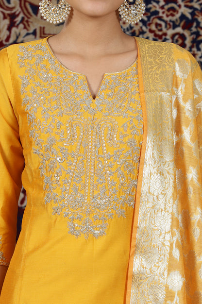 Mustard Yellow Yarn Dyed Dori Embroidered Anarkali Kurta, Palazzo and Dupatta Set