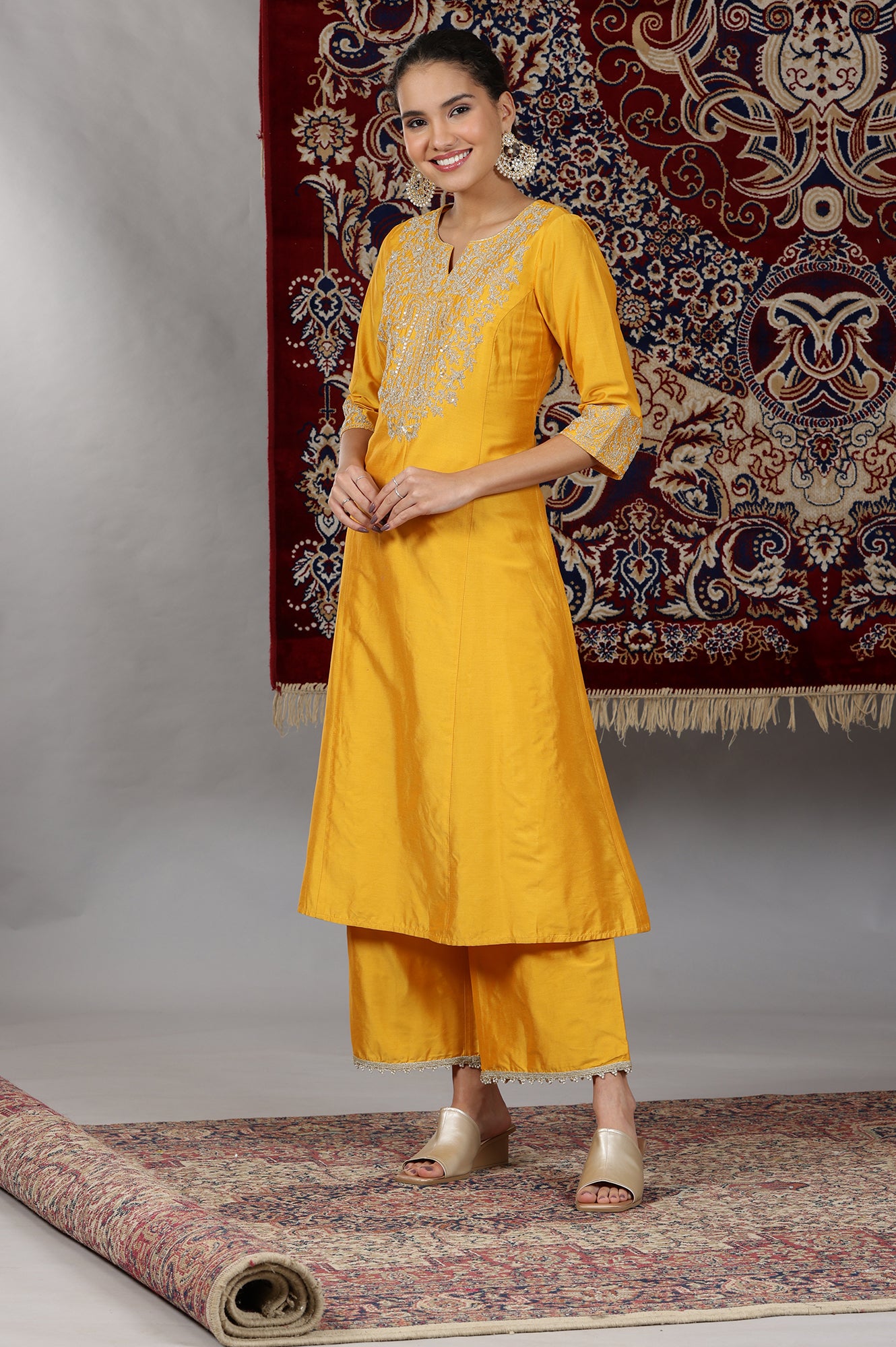 Mustard Yellow Yarn Dyed Dori Embroidered Anarkali Kurta, Palazzo and Dupatta Set