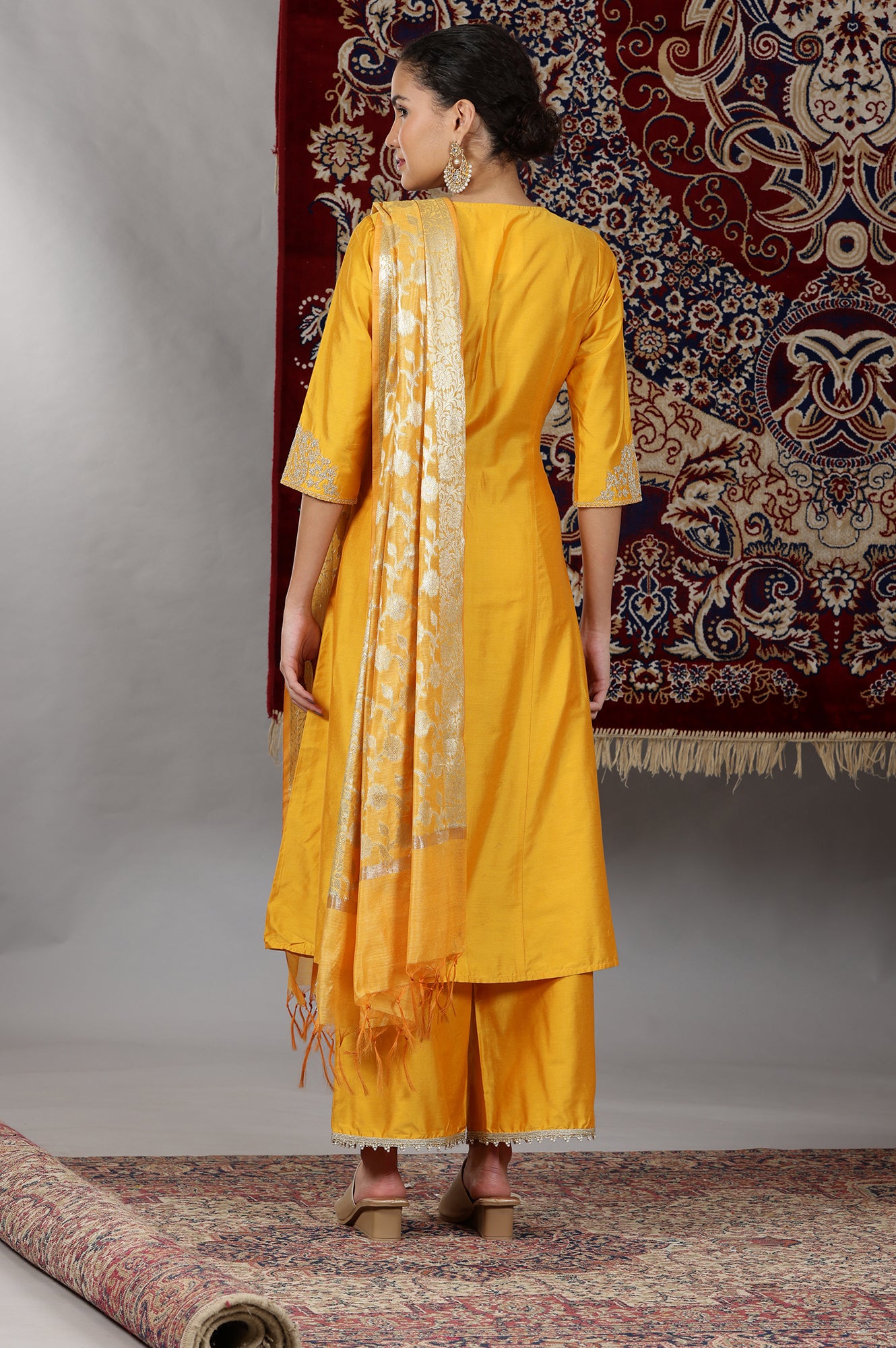 Mustard Yellow Yarn Dyed Dori Embroidered Anarkali Kurta, Palazzo and Dupatta Set