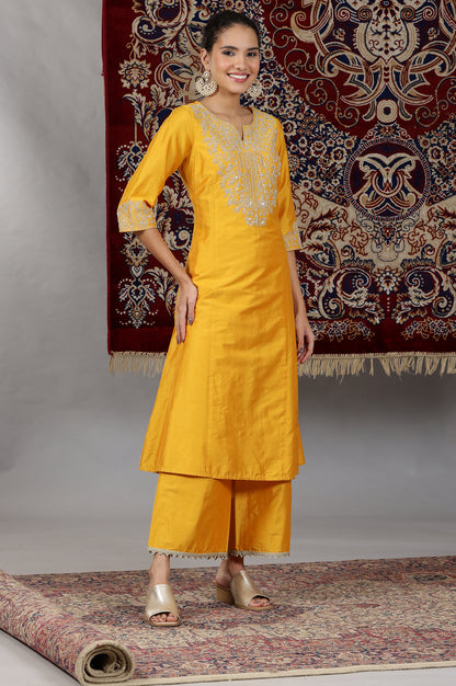 Mustard Yellow Yarn Dyed Dori Embroidered Anarkali Kurta, Palazzo and Dupatta Set