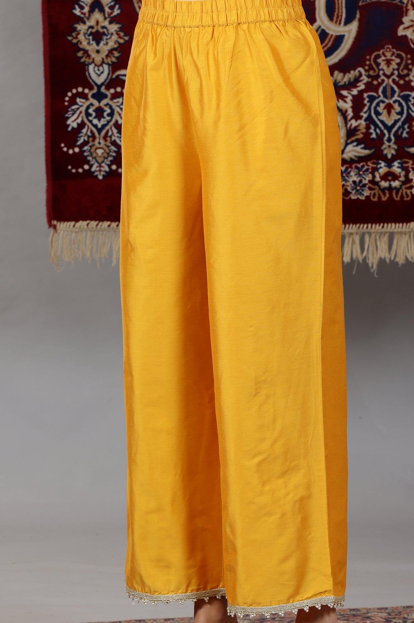 Mustard Yellow Yarn Dyed Dori Embroidered Anarkali Kurta, Palazzo and Dupatta Set