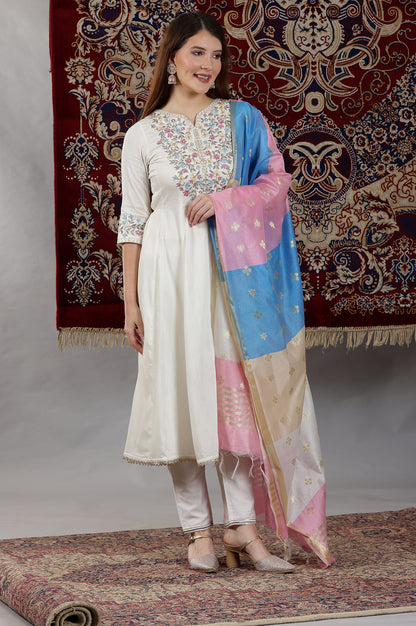 Off-White Dori Embroidered Flared Kurta, Trousers and Dupatta Set